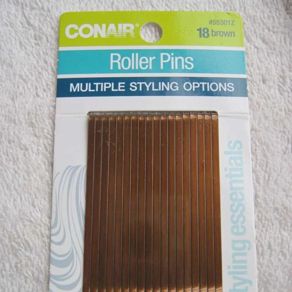 18 Conair Brown Roller Pins Flat Wide Metal Bobby Slides Bronze Brunette Styling